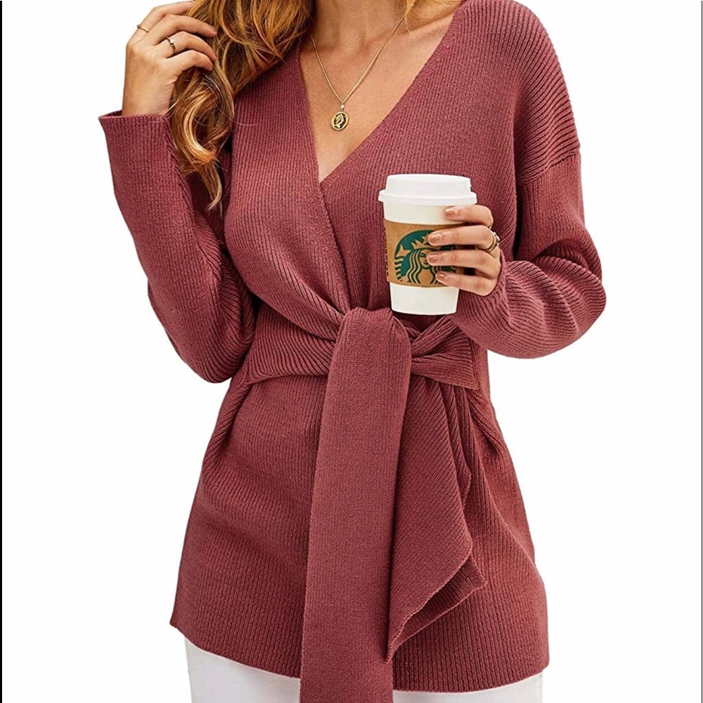 V neck wrap long sleeve tunic sweater-S